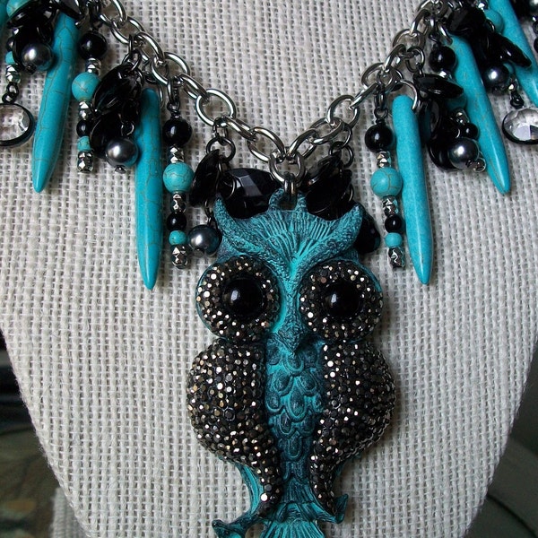Owl Pendant Beaded Necklace, Turquoise & Marcasite Owl Pendant Necklace