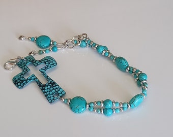 Turquoise & Cross Silver Beaded Bracelet