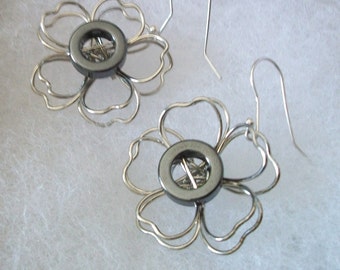 Silver & Hematite Floral Earrings