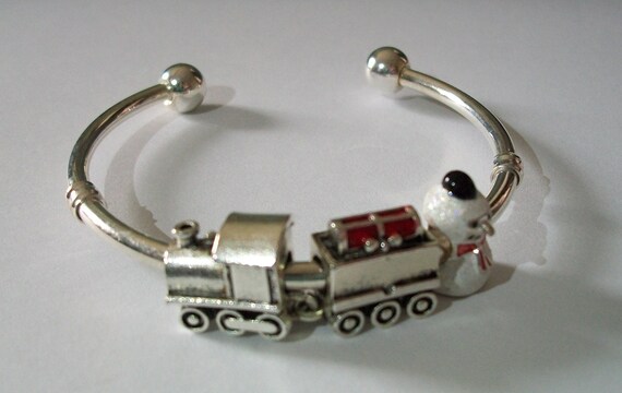 Sterling Silver Plated Cuff Bracelet With Christmas Train