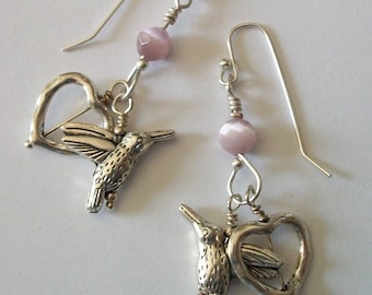 Hummingbird Charms & Purple Beaded Sterling Silver Earrings