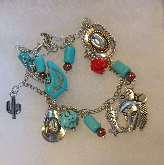 Western Style Silver Turquoise Charm Bracelet Etsy