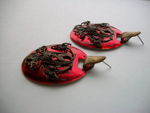Stunning Filigree Brass & Red Enamel Earrings, Vi… - image 5
