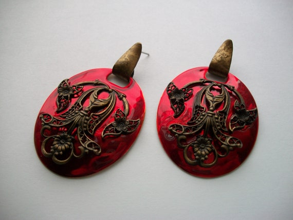 Stunning Filigree Brass & Red Enamel Earrings, Vi… - image 2