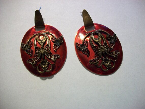 Stunning Filigree Brass & Red Enamel Earrings, Vi… - image 6