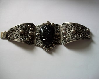 Vintage Carved Black Onyx Aztec Mayan Warrior Bracelet, Rare Antique Carved Black onyx Aztec Mayan Warrior Sterling Silver Panel Bracelet