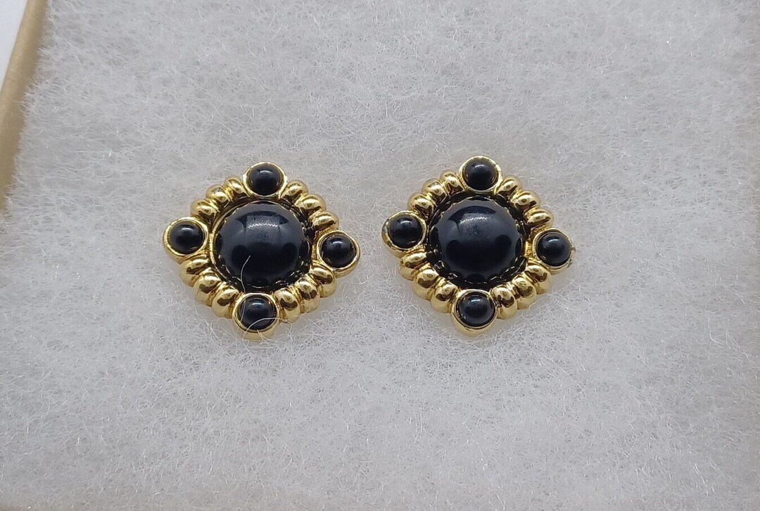 Trifari Black and Gold Button Style Pierced Earrings Etsy