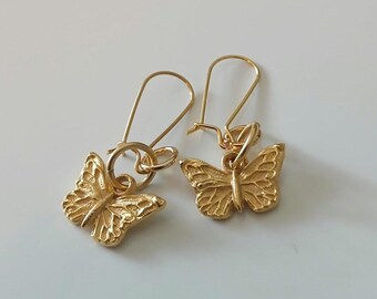 Golden Butterfly Earrings, Long Gold Dangle Garden Butterfly Earrings