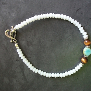 Sterling Silver & White Glass, Agate and Tiger Eye Beaded Bracelet