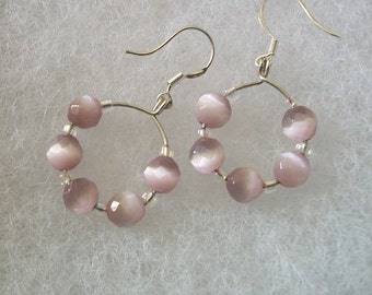 Lavender Beaded Hoop Silver Earrings