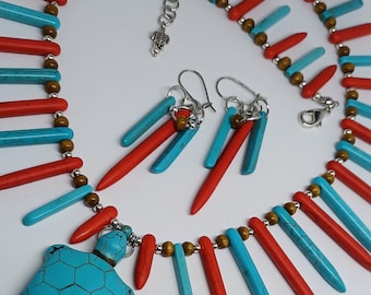 Turquoise & Turtle Stone Beaded Choker Necklace and Earring Set