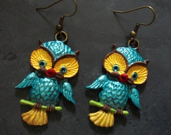 Hand Painted Tweedy Bird Brass Earrings