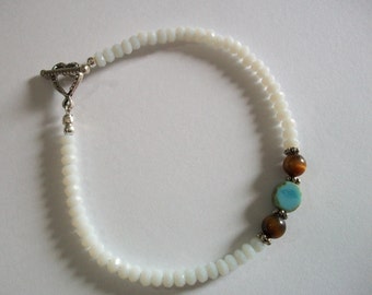 Sterling Silver & White Glass, Agate and Tiger Eye Beaded Bracelet