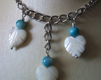 Victorian Heart Shell Charm & Blue Beaded Choker Necklace,