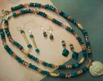 Handmade Beaded Shell & African Bone Double Necklace and Earring Set,