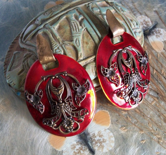 Stunning Filigree Brass & Red Enamel Earrings, Vi… - image 9