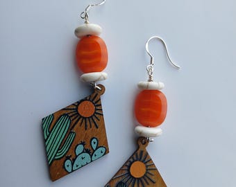 Textured & Orange Beaded Cactus Earrings