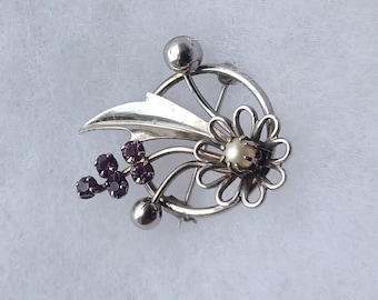 Antique Floral Pearl and Purple Crystal Silver Brooch