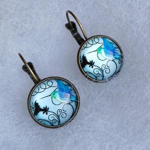 Brass Blue Hummingbird Lever back Earrings
