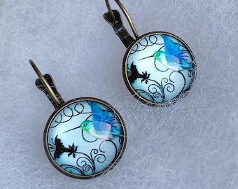 Brass Blue Hummingbird Lever back Earrings