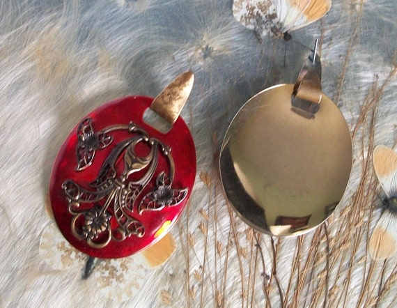 Stunning Filigree Brass & Red Enamel Earrings, Vi… - image 3