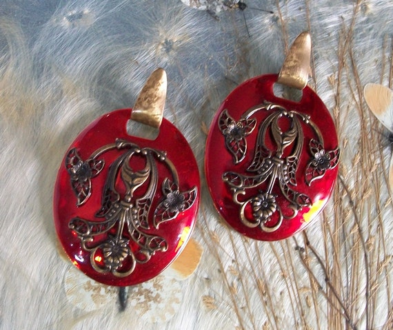 Stunning Filigree Brass & Red Enamel Earrings, Vi… - image 1