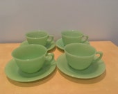 Set of Four Vintage Fire King Jadeite Coffee Cup Saucer Sets- Jane Ray Pattern
