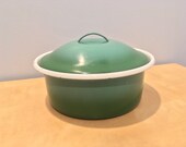 Vintage Steel and Enamel Pot with Lid- Green and White