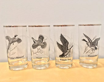 Set of Four Vintage Drinking Glasses/Highball Glasses- Mid Century Modern Design- Hunting Birds