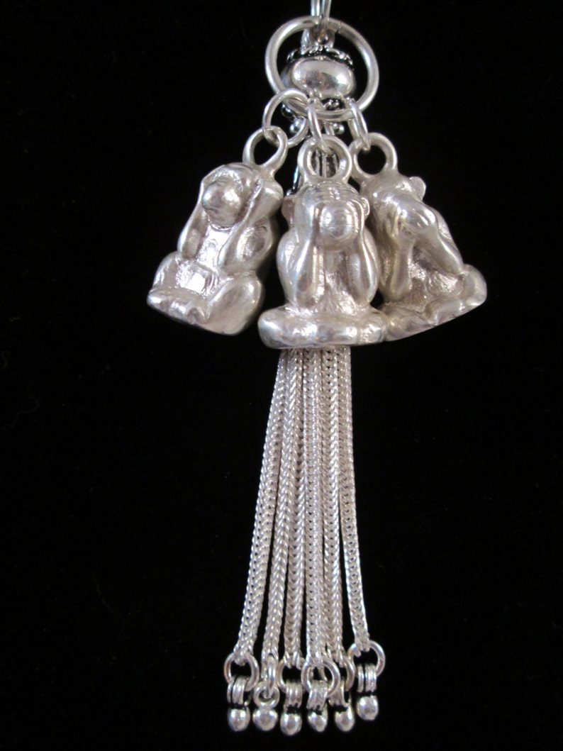 3 Wise Monkeys solid sterling silver charm pendants handmade artisan jewellery Turkish tassel /& sterling snake chain