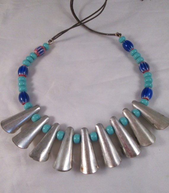 Tribal Style Silver Metal and Trade Bead Handmade Necklace or