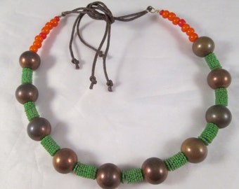 Copper and trade bead handmade necklace or choker, adjustable length, woven linen finish