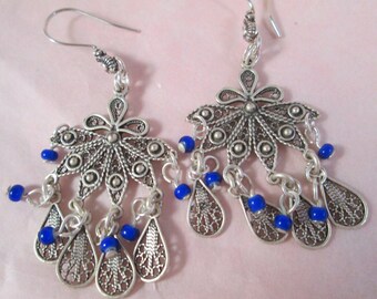 Silver filigree drop earrings with vintage glass beads, Turkish filigree hippy earrings