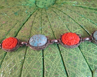 Vintage glass stone bracelet, turquoise scarab and carved coral cabochons in dark silver metal settings