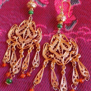 22kt Vermeil Turkish filigree earrings with chrome diopside & carnelian gemstone beads