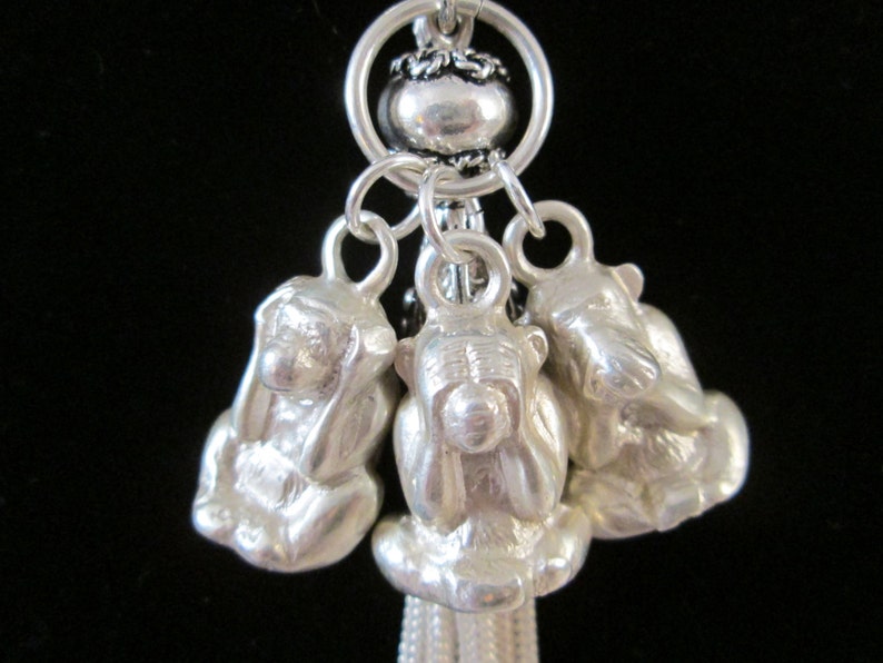 3 Wise Monkeys solid sterling silver charm pendants handmade artisan jewellery Turkish tassel /& sterling snake chain