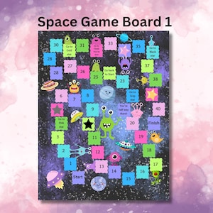 May include: A colourful space-themed board game with a purple and blue galaxy background. The game board features numbered squares, cute alien characters, planets, and the text "Space Game Board 1".