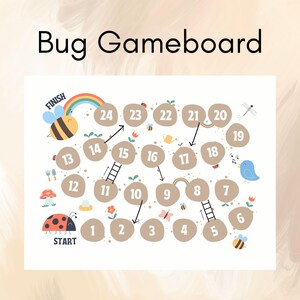 Puede incluir: Un tablero de juego colorido con temática de insectos con una mariquita en el inicio y una abeja en la meta. El tablero tiene 24 casillas con los números del 1 al 24. Hay escaleras y flechas para seguir.