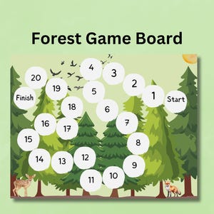 May include: A colorful forest-themed game board with the text "Forest Game Board". The board features a path of numbered circles, starting with "Start" and ending with "Finish", surrounded by illustrations of trees, a deer, a fox, and birds.