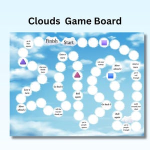 May include: A game board with a blue sky and white clouds background. The board has a circular path with various instructions written on white circles. The instructions include "Lose a turn", "Go back 1", "Roll again", "Move ahead 3", "Go back 5", "Walk around your chair", "Tell the teacher thank you", "Clap your hands twice", "Rub your tummy", "Go to blue square", "Go to red triangle", "Go to purple triangle", "Go to purple square".