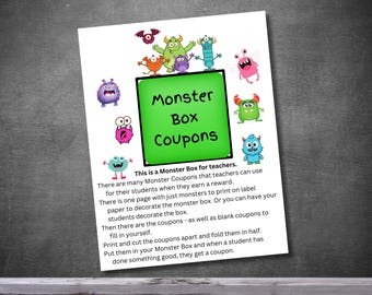 Monster Box Coupons, Classroom Management, Teacher Reward Coupons, Behavior Rewards, Positive Behavior Incentive, Homeschool Resources