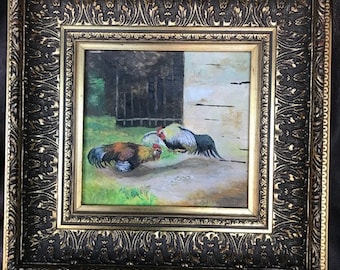 Late 1800's Flemish oil painting on board cock fight signed