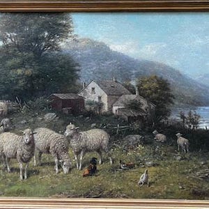 George Riecke oil on canvas painting pastoral scene sheep on farm Signed