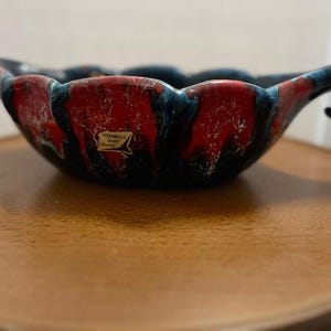 Large Vallauris bowl blue and red drip glazed earthenware French pottery
