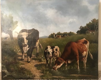 Flemish oil on canvas Van Baarle cows in a field mid 1940'