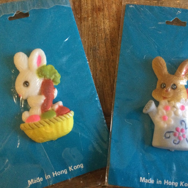 Pair of Easter springtime rabbit 1970s plastic pins\brooches. Made in Hong Kong for Norcross