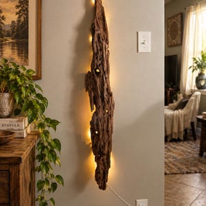 May include: A tall, vertical piece of weathered brown driftwood mounted on a wall, featuring a textured, organic surface with natural holes and crevices. Warm, glowing LED lights are positioned behind the wood, casting a soft light.