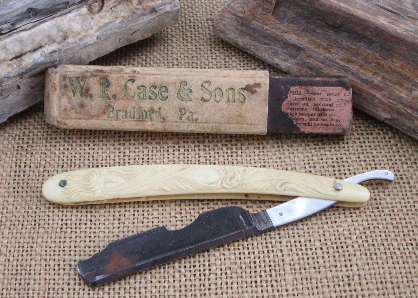 W. R. Case & Sons Vintage Straight Razor With Carved Handle Original