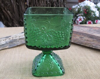 Vintage Square Green Compote Pedestal Dish  ~  Harvest Pattern Carnival Glass  ~  Indiana Glass Co