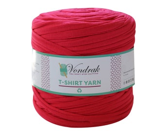 May include: A roll of bright red t-shirt yarn, ready to be used for crafting. The label reads "Vondrak You Won't Stop Knitting T-Shirt Yarn".